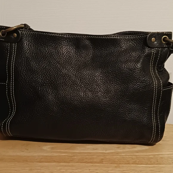 Fossil Vintage Black Pebbled Leather Shoulder Bag 75082 Key Charm Snap Closure - Picture 5 of 12